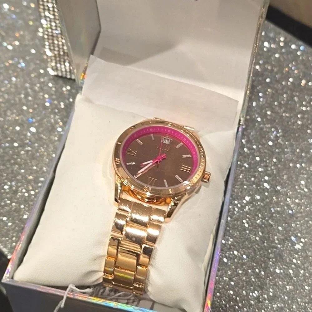 Juicy Couture Black Label Rhinestone Crown Logo Gold Rose Tone Braclet‎ Watch